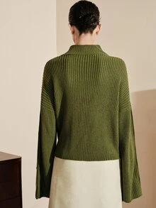 Arave Sweater Kasual Wanita Bahan Akrilik, Potongan Longgar, Lengan Samping, Desain Kancing - Hijau Tentara - View 5