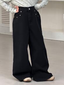 DAZY Tween Girl Pocket Wide Leg Loose Casual Denim Jeans - Black - View 8