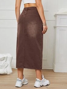 SHEIN EZwear 女款高腰口袋開衩下擺休閒牛仔裙 - 棕色 - 查看 2