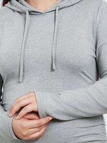 Plussiva 大尺碼孕婦純色長袖側開衩抽繩連帽洋裝 秋季 - 巧克力棕 - 查看 5
