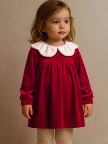 SHEIN Infant Girl Cute Corduroy Red Peter Pan Collar Colorblock Dress - Burgundy - View 4