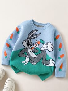 LOONEY TUNES X SHEIN Sweater Kasual Lengan Panjang Leher Bulat Motif Kartun Anak Laki-Laki - Biru - View 1
