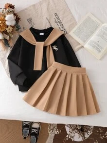 SHEIN Elladie kids 女童 2 件組春夏/秋冬套裝，長袖水手領衛衣 + 百褶裙套裝，馬刺繡，學院風，學校 7 歲生日制服 - 卡其色 - 查看 2