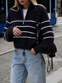 Pariaura Pull à manches raglan avec demi-zip et motif rayé - Bleu marine - Voir 4