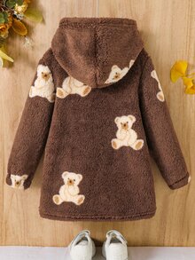 SHEIN Playful Pals Girls 2026 Fall Winter New Teddy Bear Pattern Fleece Hooded Jacket Lambswool Lining Thickened Winter Coat Soft Skin-Friendly Non-Shedding Loose Fit - Brown - View 2