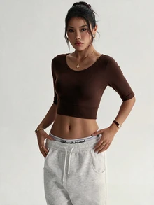 Slayform Women's Minimalist Cropped Sports T-Shirt For Yoga And Fitness - Brown - View 4