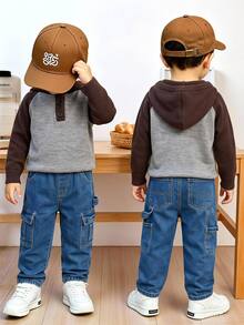 Young Boy Two Tone Raglan Sleeve Half Button Placket Hooded Sweater - Grey - View 9