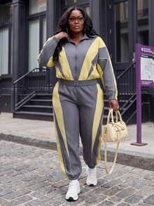 Slaydiva Plus Size Striped Colorblock Zip-Up Top And Loose Pants 2 Pieces Set - Multicolor - View 3