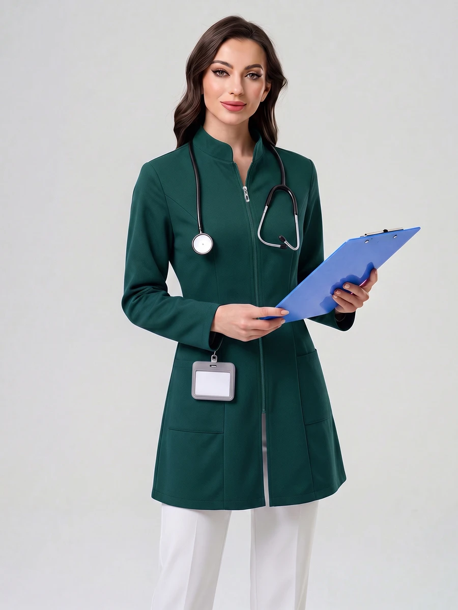 TaskEZ 藍色女款時尚V領長袖刷手服外套 - 墨綠色 - 查看 1