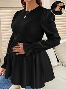 SHEIN 孕婦純色圓領長袖休閒哺乳上衣 秋季 - 黑色 - 查看 3