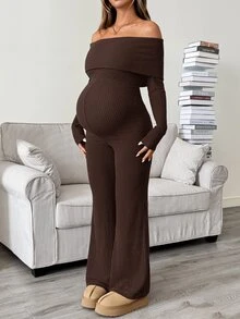 SHEIN Maternity Solid Color Off-Shoulder Casual Daily Wear Jumpsuit - Brown - View 3