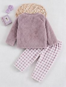 SHEIN 女嬰可愛秋冬休閒拼接格紋長袖居家服套裝 - 粉色 - 查看 2