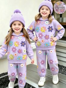 SHEIN Toddler Girls Floral Print Hoodie & Jogger Pants Set, Light Purple (2 Pcs) Fall Winter - Multicolor - View 3