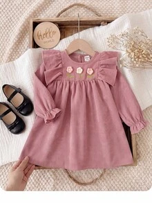 SHEIN Baby Girl Cute Casual Pink Corduroy Floral Pattern Dress - Pink - View 5