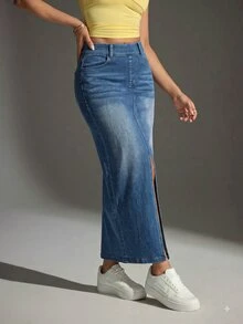 Comfortcana Women's Fashion Versatile Front Slit Pocket Denim Skirt - Medium Wash - View 3