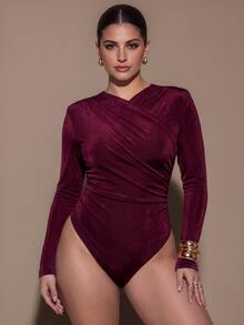 SHEIN BAE CURVE Plus Size Women Burgundy Long Sleeve Ruched Overlap Bodysuit Winter - Burgundy - View 2