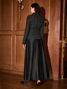 MOTF PREMIUM AUTUMN/WINTER WOMEN'S 2 IN 1 CINCHED WAIST FLARED TEXTURED MICRO-SHIMMER PATCHWORK LONG DRESS - Black - View 7