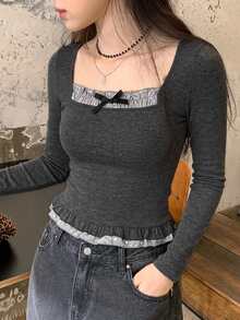 DAZY Women's Dark Gray Square Neck Bowknot Ruffle Trim Fitted Long Sleeve Sweet Short T-Shirt - Black - View 7