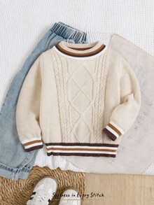 Cozy Pixies Kids Young Boy Colorblock Striped Knit Soft 3D Cable Texture Crew Neck Long Sleeve Pullover Autumn Sweater - Apricot - View 6