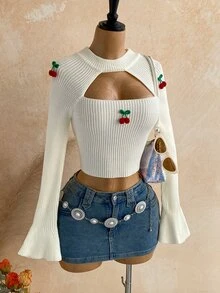 Soleia Women's Small Cherry 3D Embroidered Bell Sleeve Cropped Sweater - Multicolor - View 3