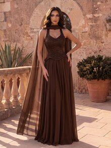 Coutiva Gaun Malam Wanita Warna Polos Berlipit Elegan yang Mempertegas Pinggang - Coffee Brown - View 5