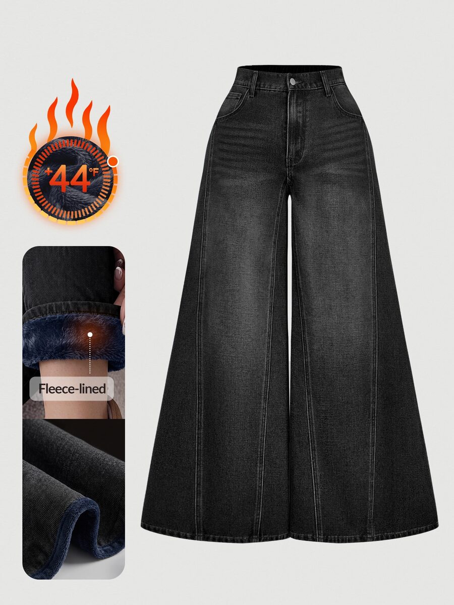 SHEIN MOD 大尺碼時尚鈕扣口袋寬鬆寬腿牛仔褲 - 黑色 - 查看 1