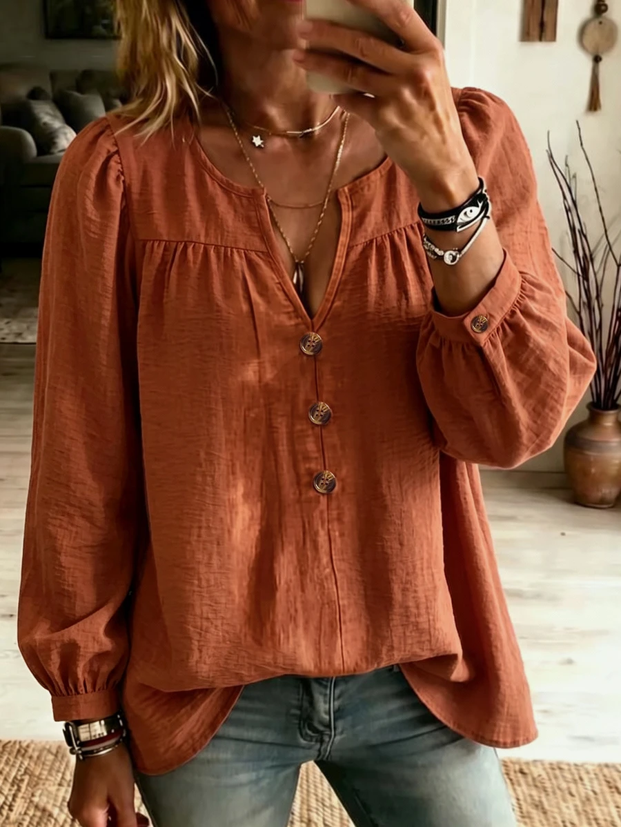 Linhara CURVE Plus Size Women's Woven Casual Long-Sleeved Autumn Shirt Fall - Orange - View 1