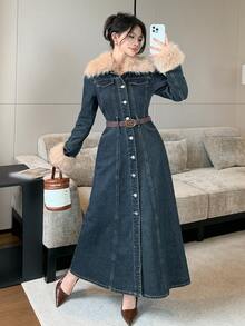 DAZY Women's Washed Denim Long Dress With Fur Collar Design And Cinched Waist - Medium Wash - View 6