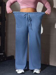 Flexra Plus Size Women's Drawstring Waist Casual Daily Straight Leg Denim Jeans - Blue - View 6