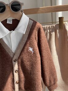 SHEIN 中性嬰兒男童幼兒秋冬休閒百搭拼接拼色2合1襯衫套裝，外套套裝 - 藏蓝色 - 查看 7