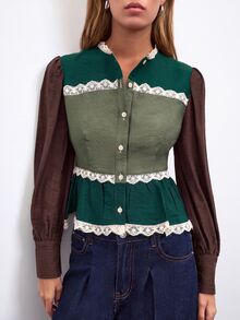 Nöista Blus Colorblock dengan Trim Renda dan Bentuk Peplum, Gaya Musim Gugur untuk Kantor dan Siang ke Malam - MultiWarna - View 6