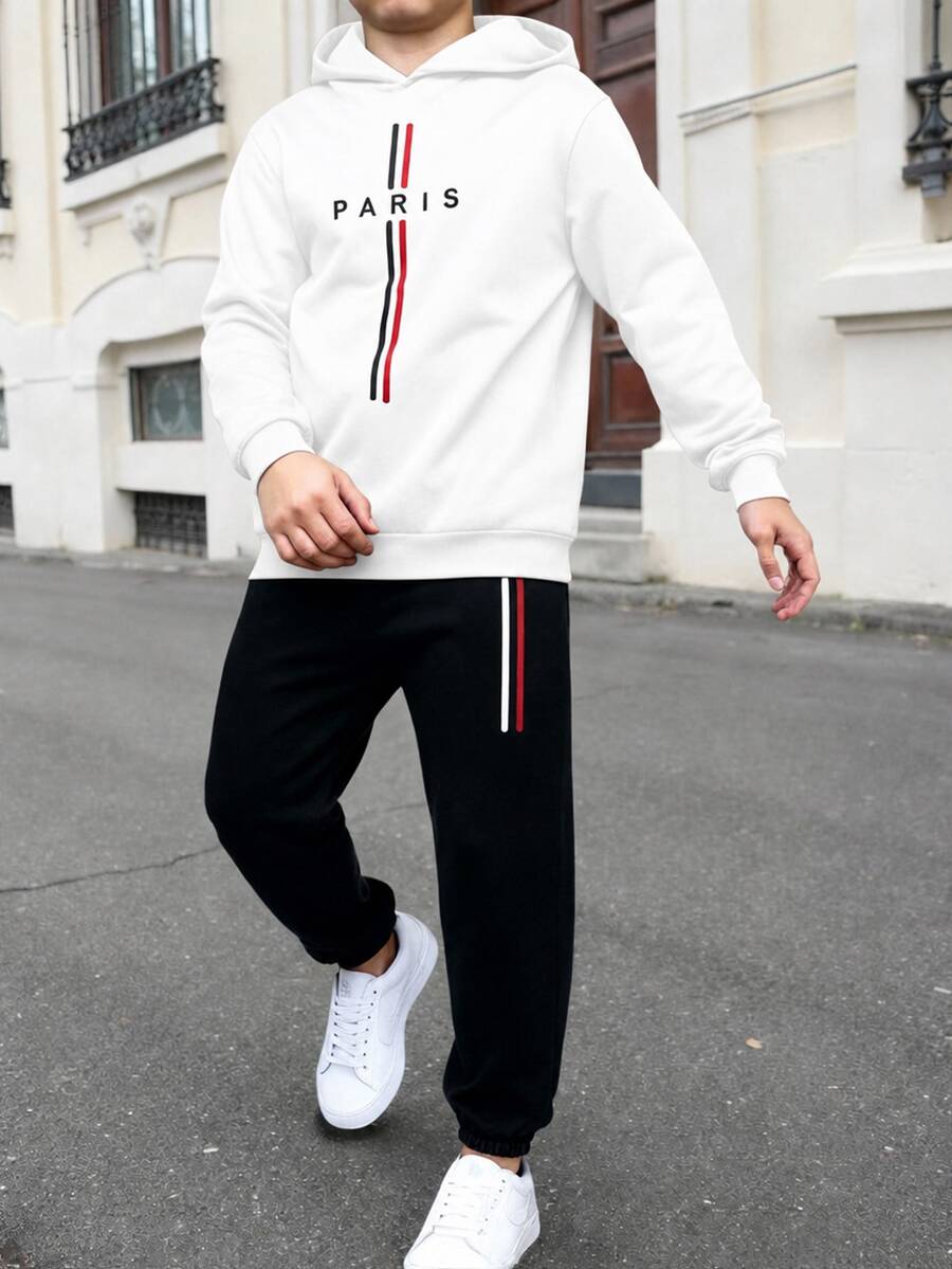 SHEIN 青少年男孩休閒百搭字母巴黎圖案連帽衛衣與長褲套裝 2件組,適合通勤、上學、日常休閒外出與運動 - 黑與白 - 查看 1
