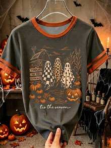 Resyla 復古萬聖節農舍風 Tis The Season 印花女款 T-shirt，女式驚悚季節上衣 - 深灰色 - 查看 1