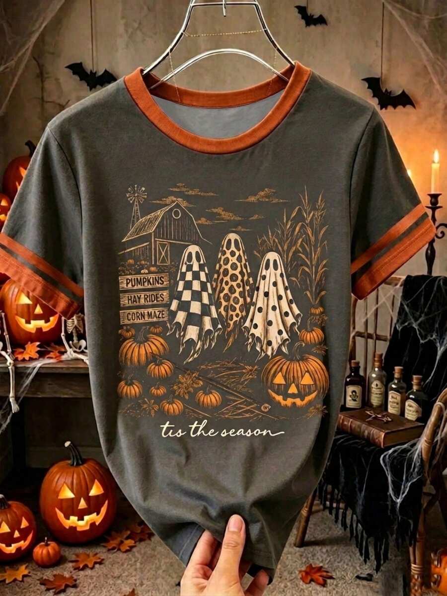 Resyla 復古萬聖節農舍風 Tis The Season 印花女款 T-shirt,女式驚悚季節上衣 - 深灰色 - 查看 1