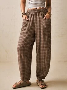 Freevana 女款大尺碼棕色格紋長褲，附口袋，錐形褲腿，寬鬆休閒日常穿著，適合春夏初秋女裝 - 摩卡棕 - 查看 3