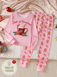 Tween Girl Autumn/Winter Christmas Pajamas 2pcs Snug Fit Long Sleeve Pants Top Print Allover Pink - Baby Pink - View 1