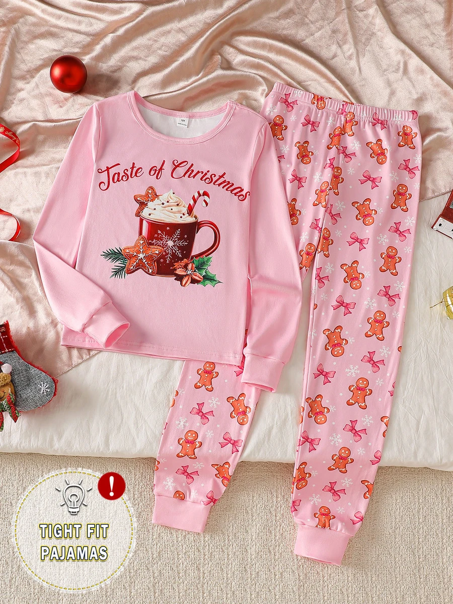 Tween Girl Autumn/Winter Christmas Pajamas 2pcs Snug Fit Long Sleeve Pants Top Print Allover Pink - Baby Pink - View 1