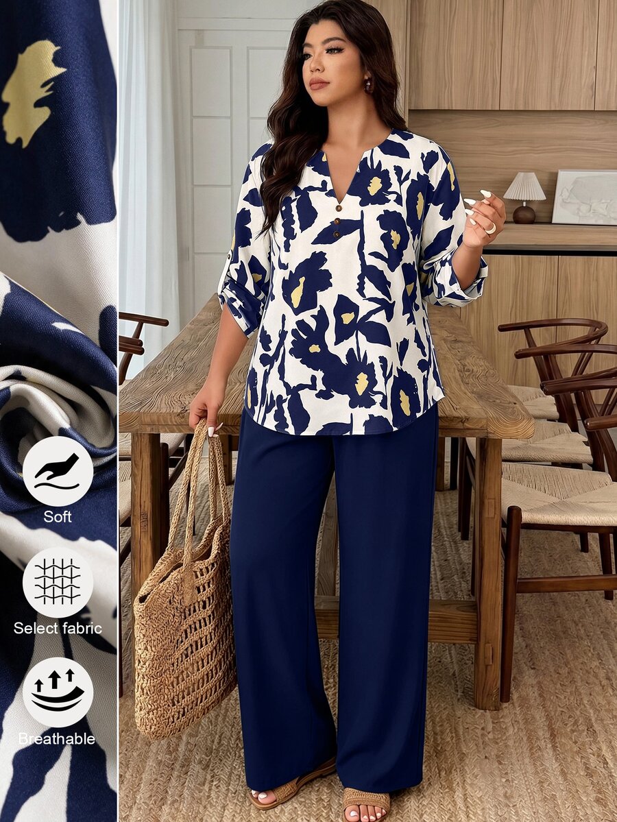 Weeklong Conjunto de 2 piezas para mujer talla grande con cuello de muesca, botones, estampado floral y estampado botánico de color contrastante, estampado aleatorio - Multicolor - Ver 1