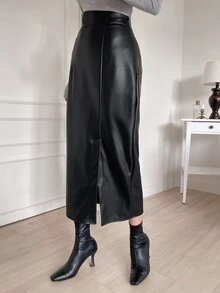 Dazy Tall Women's Long Straight PU Leather Skirt Elegant Skirt - Black - View 2