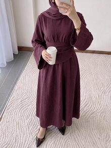 Solavon Women's Solid Color Round Neck Flared Sleeve Ruched Waist Elegant Modest Long Dress Everyday Bday Burgundy Autumn - Burgundy - View 7