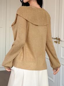 DAZY Women's Khaki Round Neck Pearl Button Loose Short Chunky Knit Long Sleeve Casual Cardigan Jacket - Yellow - View 2