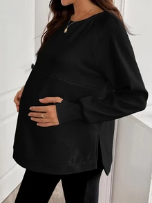 SHEIN Maternity Solid Color Round Neck Raglan Long Sleeve Casual Nursing Sweatshirt Winter - Black - View 4