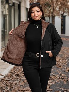 Chikora Plus Size Hooded Thermal Lined Denim Zipper Long Sleeve Jacket - Black - View 7