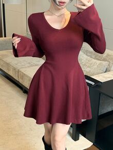 DAZY Women's Elegant Elegant Long Sleeve Sweater Dress Winter - Burgundy - View 1