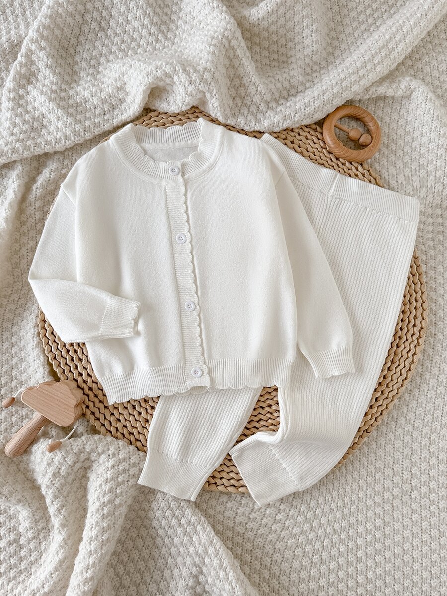 Baby Girls Sweater Co-Ords Fashion Casual Matching Cute Cream White Knit Cardigan Top + Knitted Textured Solid Color Footed Leggings 2pcs Set Autumn - White - View 1