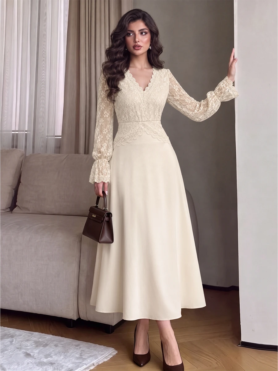 Modelyn Autumn/Winter Elegant Women's Long Dress V-Neck Design Long Sleeve Lace Fabric Patchwork Ruffle French Romantic Dress - Apricot - View 1
