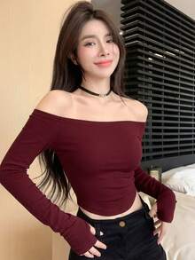DAZY 女款方領修身性感風 T恤 - 酒紅色 - 查看 7