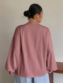 Dazy Plus Small Round Neck Solid Color Casual Versatile Side Slit Design Long Sleeve White Spring Summer Autumn T-Shirt - Pink - View 2