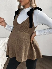 SHEIN 孕婦肩結休閒優雅百搭針織背心 秋季拍照商務黑色 - 卡其色 - 查看 3