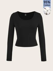 SHEIN EZwear 女款休閒極簡大圓領小飛袖黑色修身長袖打底T恤，低調百搭街頭風咖啡廳慵懶造型，四季穿著現代都市時尚商務辦公通勤機場服飾，靜奢優雅 - 黑色 - 查看 3